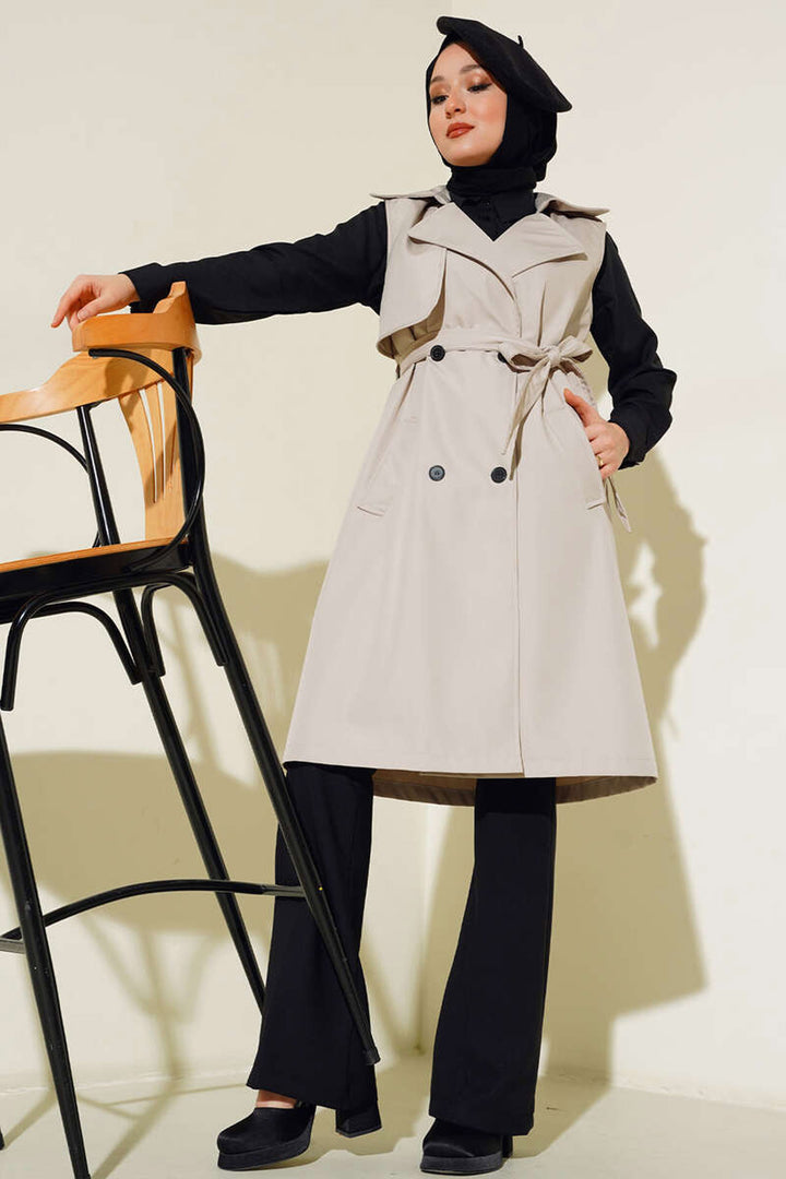 BGD Women Double-Breasted Trench Coat Vest - Beige - Târgovişte