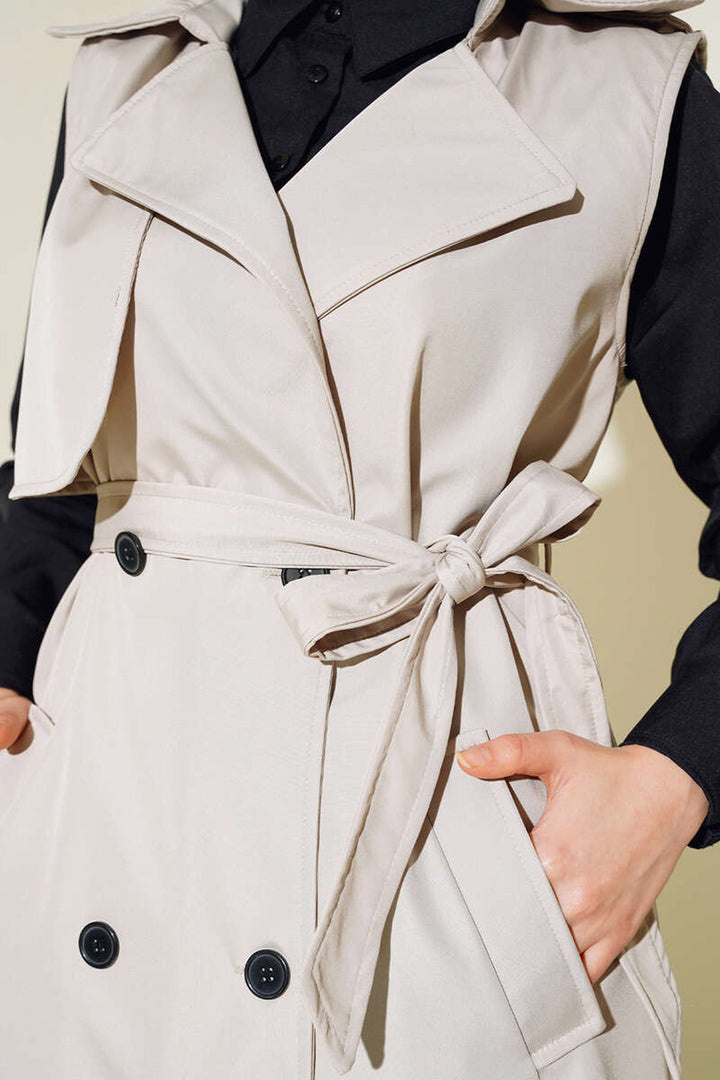 BGD Women Double-Breasted Trench Coat Vest - Beige - Târgovişte
