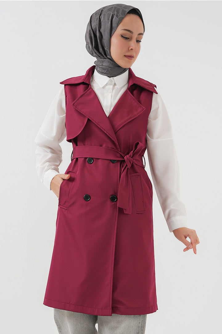 BGD Women Double-Breasted Trench Coat Vest - Burgundy - Tamiami