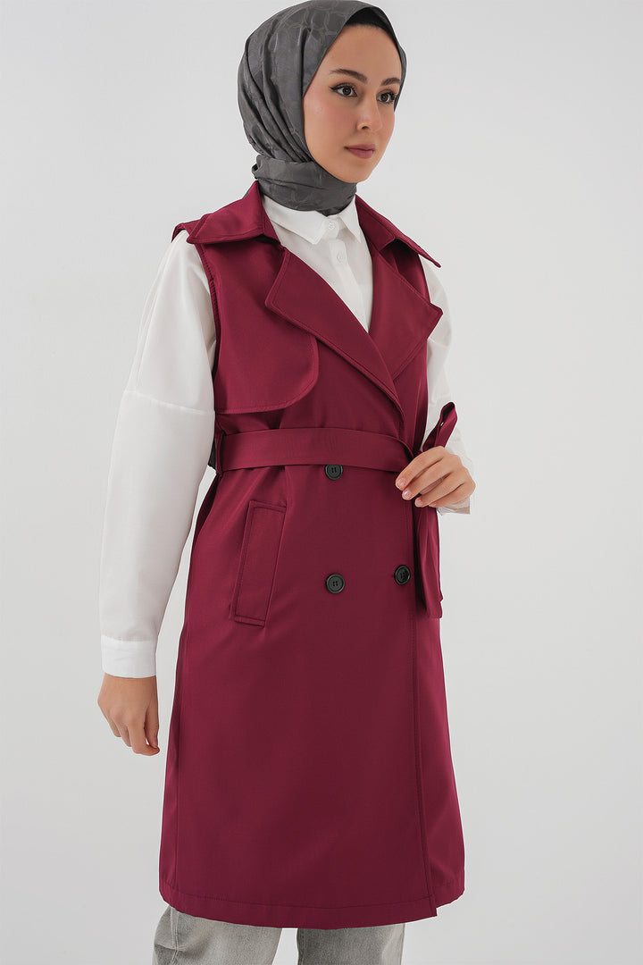 BGD Women Double-Breasted Trench Coat Vest - Burgundy - Tamiami