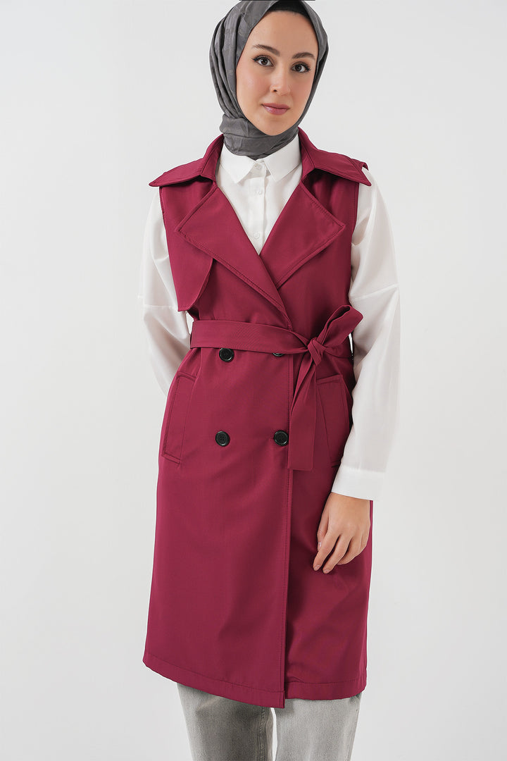 BGD Women Double-Breasted Trench Coat Vest - Burgundy - Tamiami