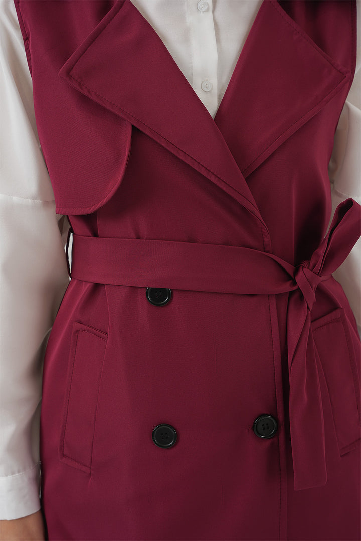 BGD Women Double-Breasted Trench Coat Vest - Burgundy - Tamiami