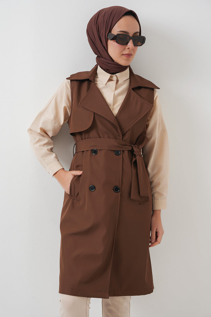 BGD Women Double-Breasted Trench Coat Vest - Brown - Geelong