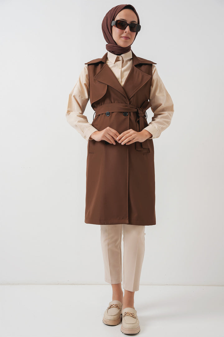 BGD Women Double-Breasted Trench Coat Vest - Brown - Geelong