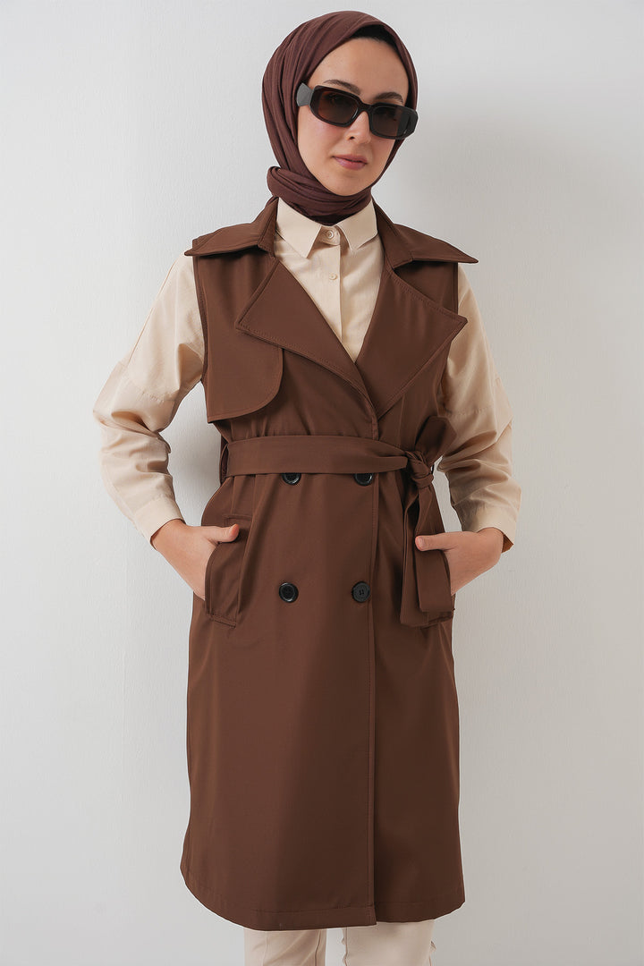 BGD Women Double-Breasted Trench Coat Vest - Brown - Geelong
