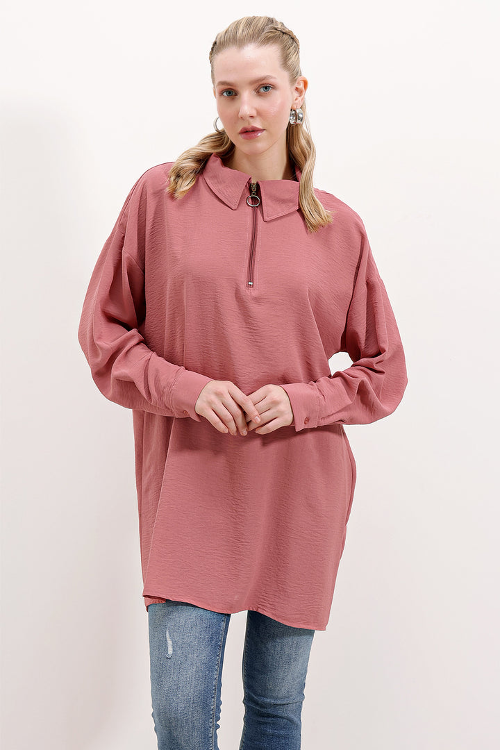 BGD Women Zippered Oversized Tunic - Rose Pink - Avondale