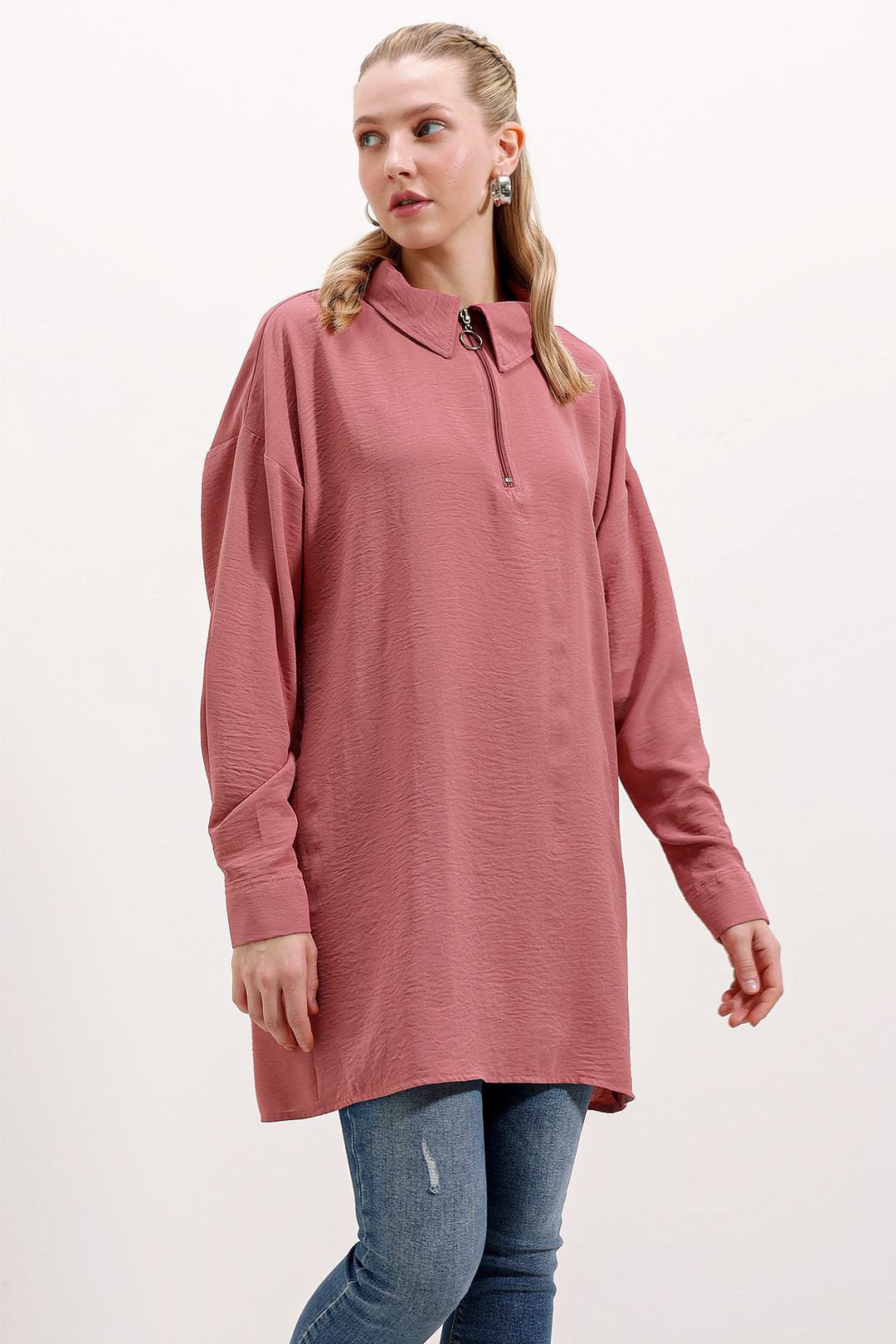 BGD Women Zippered Oversized Tunic - Rose Pink - Avondale