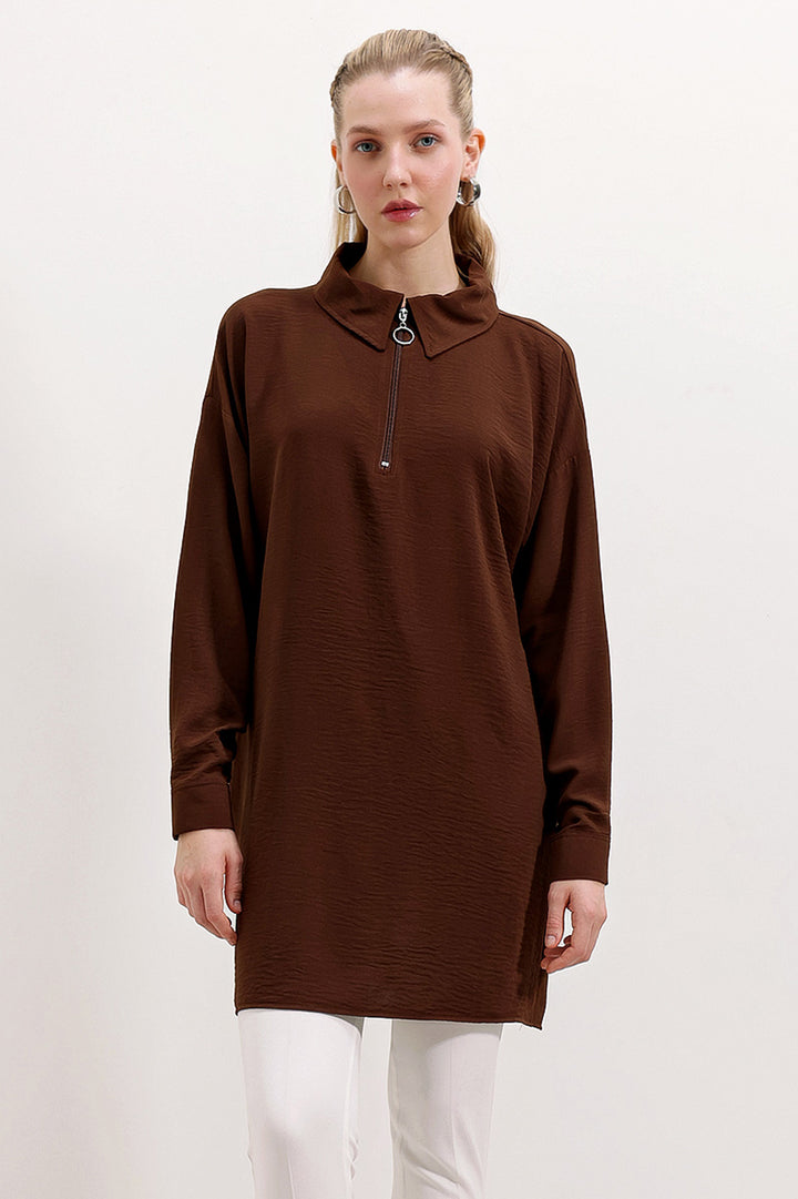 BGD Women Zippered Oversized Tunic - Brown - Avondale