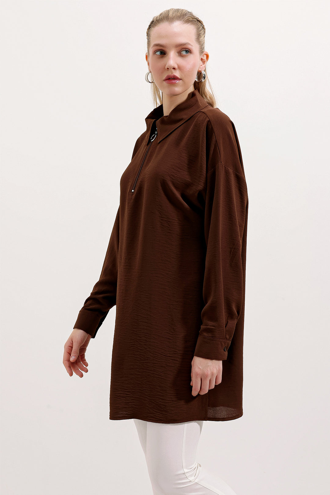 BGD Women Zippered Oversized Tunic - Brown - Avondale