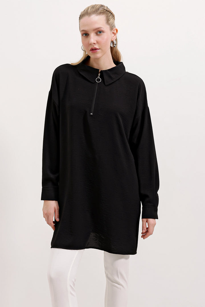 BGD Women Zippered Oversized Tunic - Black - Avondale