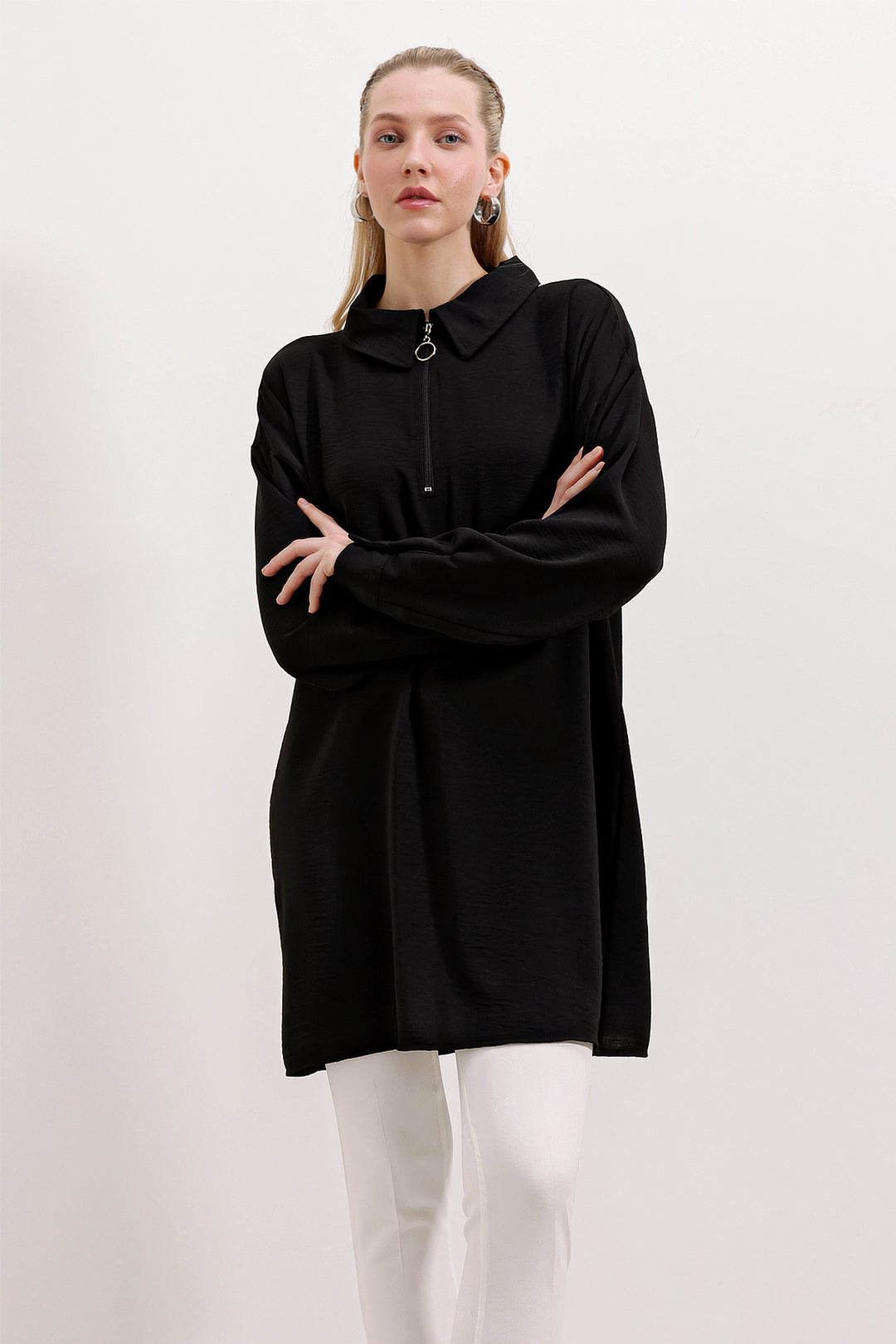 BGD Women Zippered Oversized Tunic - Black - Avondale