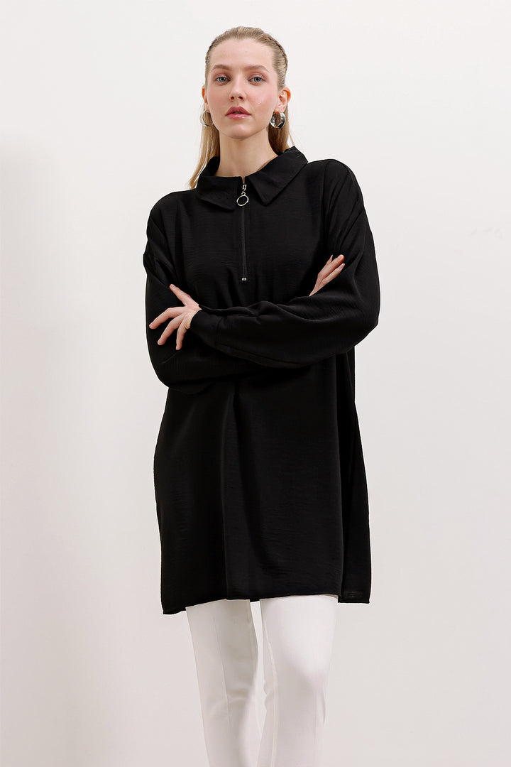 BGD Women Zippered Oversized Tunic - Black - Avondale