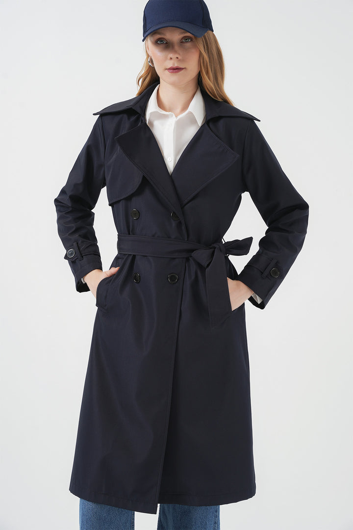 BGD Women Double-Breasted Trench Coat - Navy Blue - Ballarat