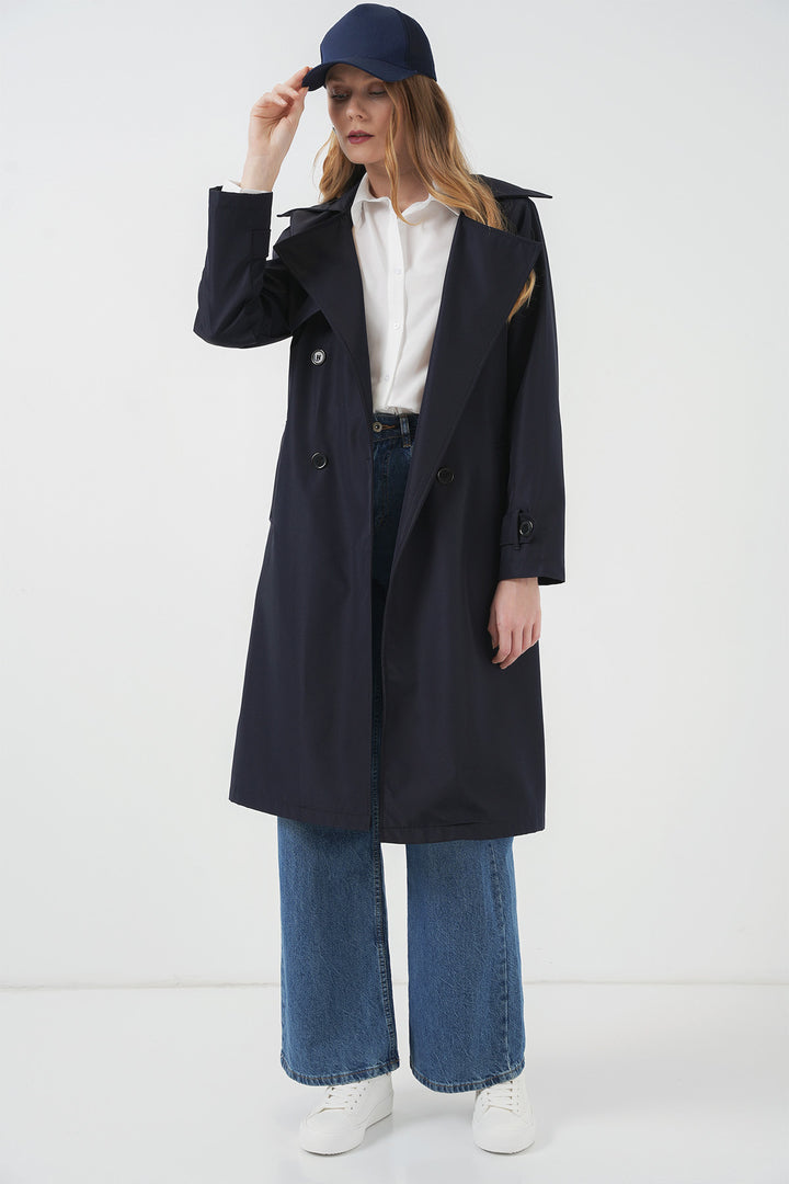 BGD Women Double-Breasted Trench Coat - Navy Blue - Ballarat
