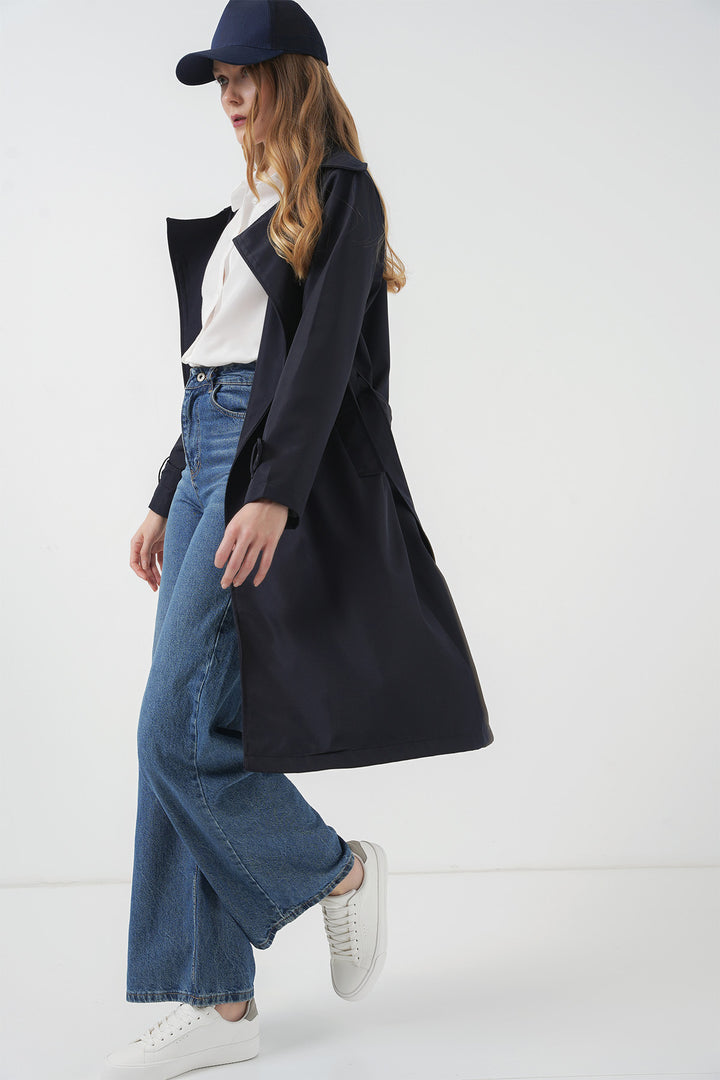 BGD Women Double-Breasted Trench Coat - Navy Blue - Ballarat