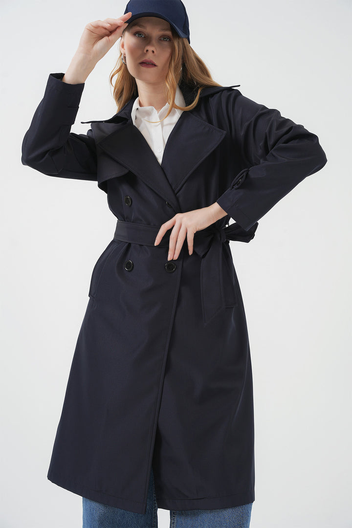 BGD Women Double-Breasted Trench Coat - Navy Blue - Ballarat