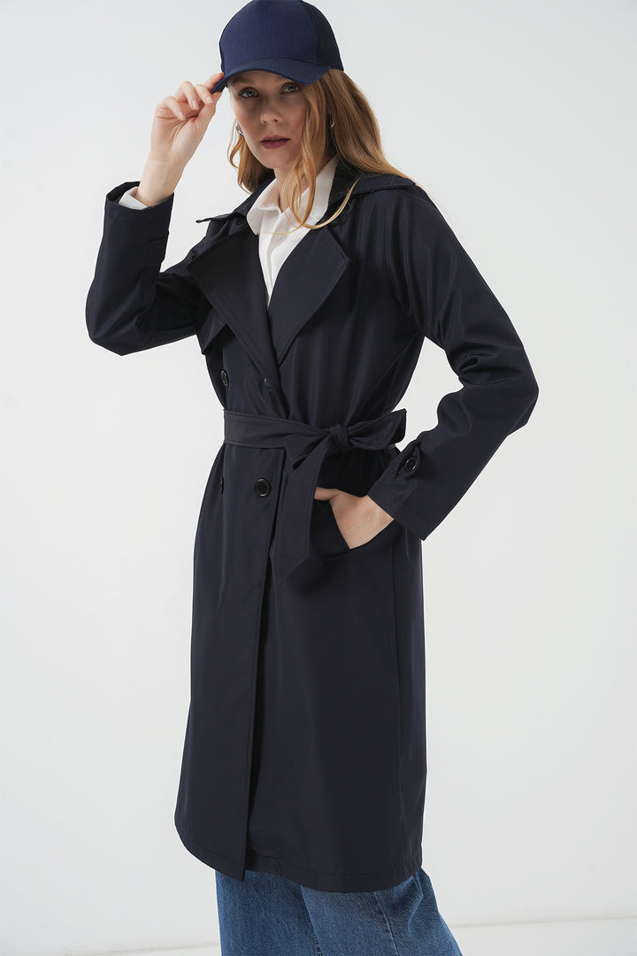 BGD Women Double-Breasted Trench Coat - Navy Blue - Ballarat