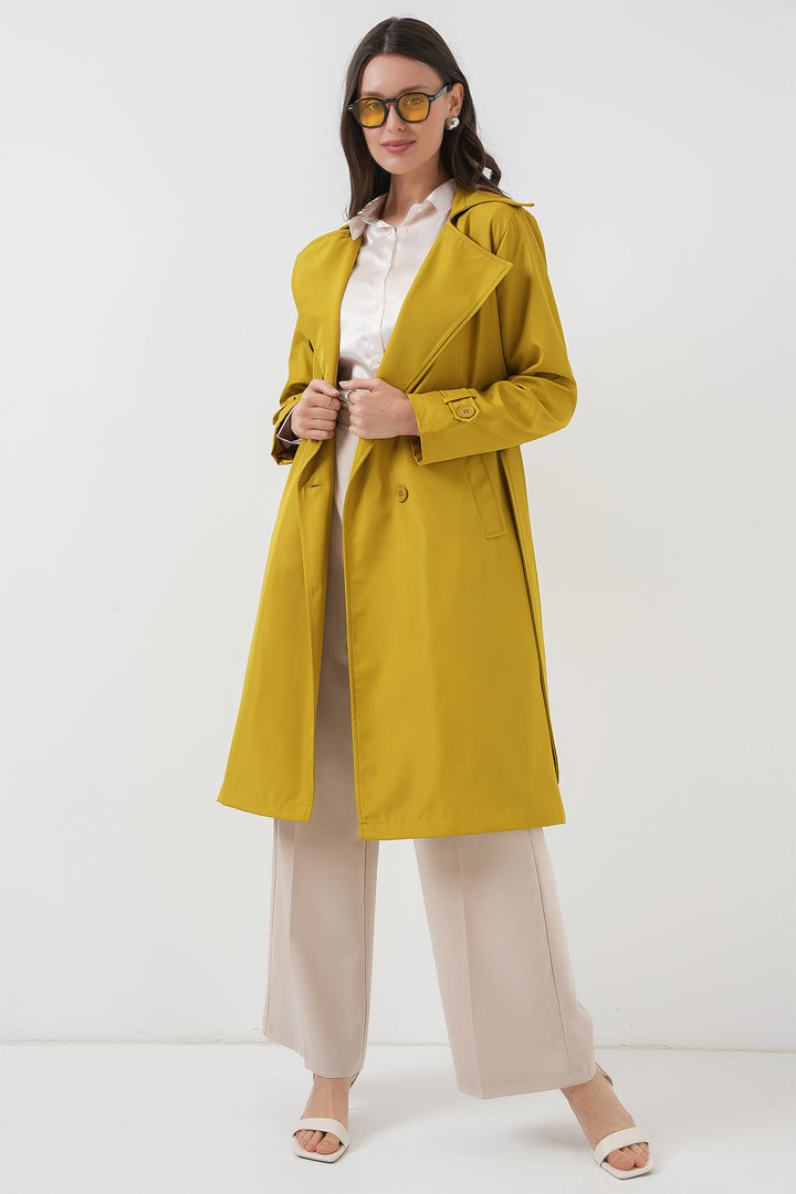 BGD Women Double-Breasted Trench Coat - Olive Green - Caerdydd