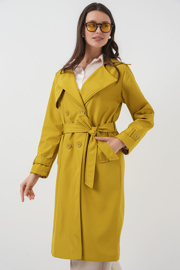 BGD Women Double-Breasted Trench Coat - Olive Green - Caerdydd