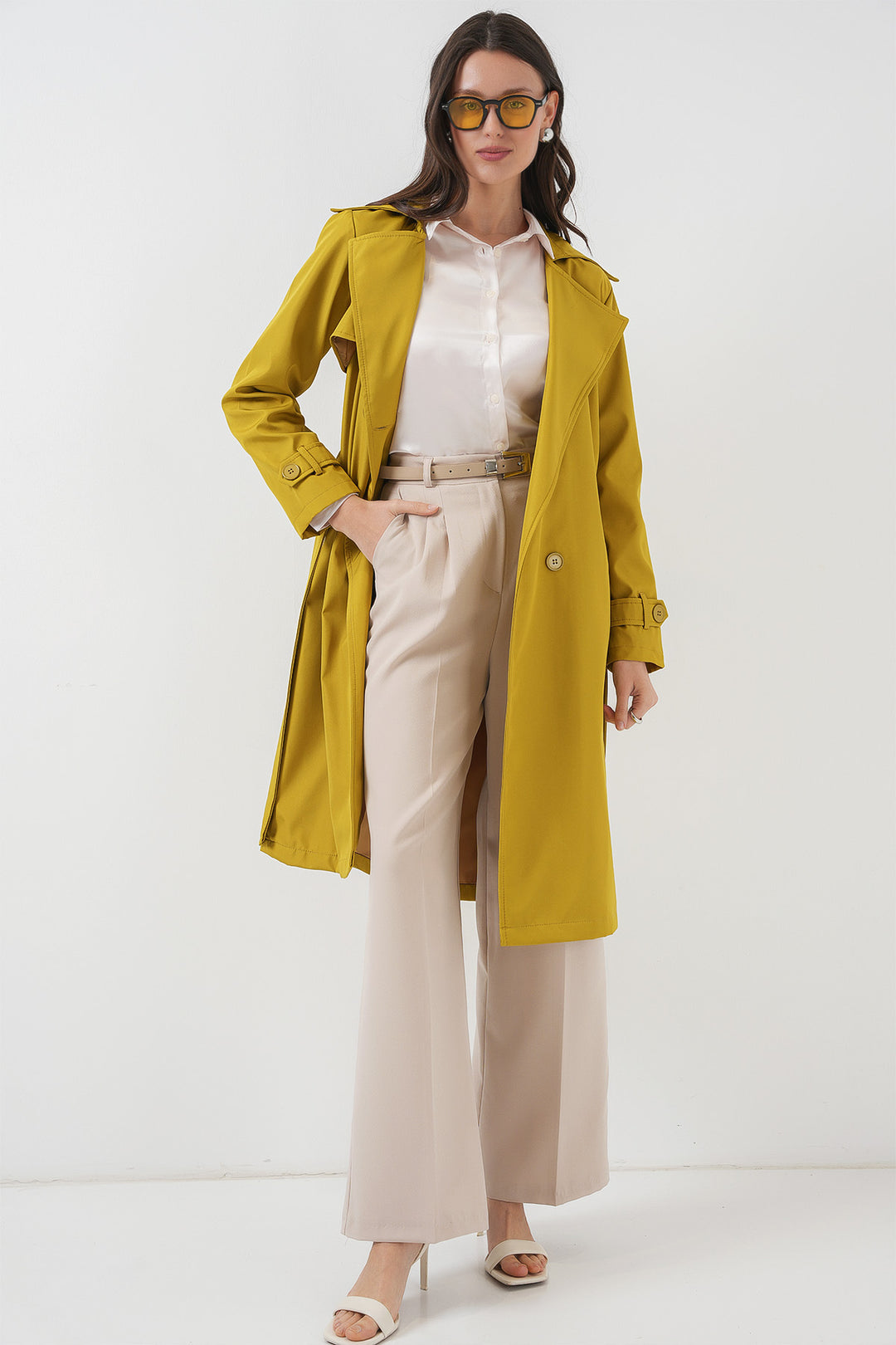 BGD Women Double-Breasted Trench Coat - Olive Green - Caerdydd