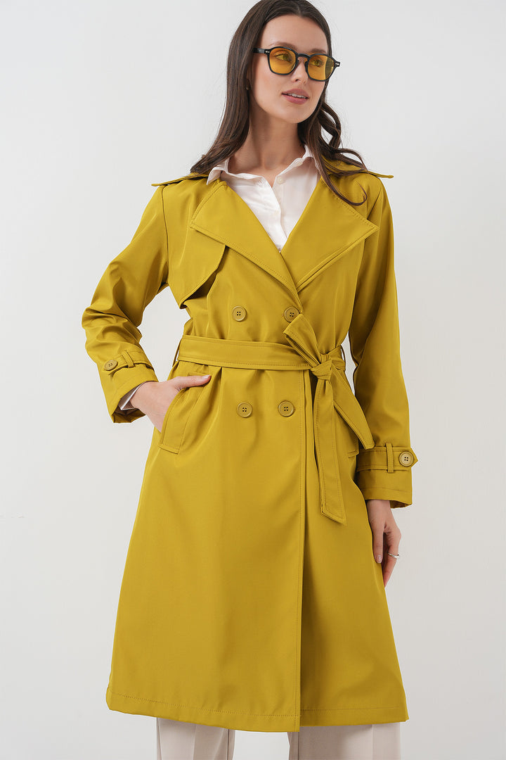 BGD Women Double-Breasted Trench Coat - Olive Green - Caerdydd