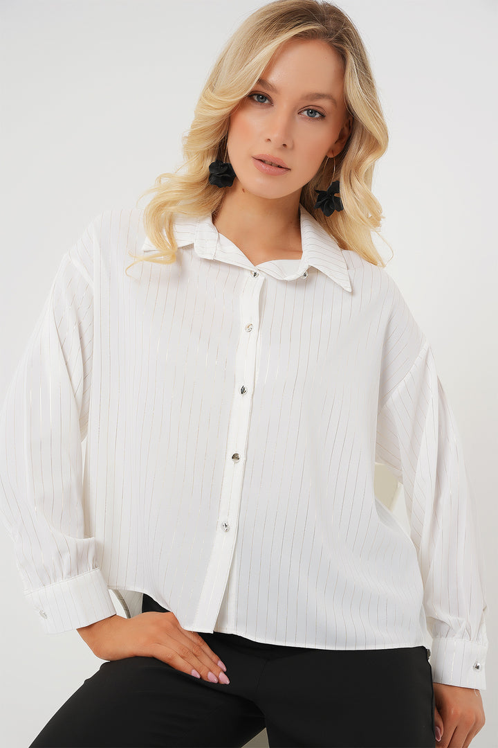 BGD Women Women's Silver Striped Shirt - Off-White - Pen-y-Bont ar Ogwr