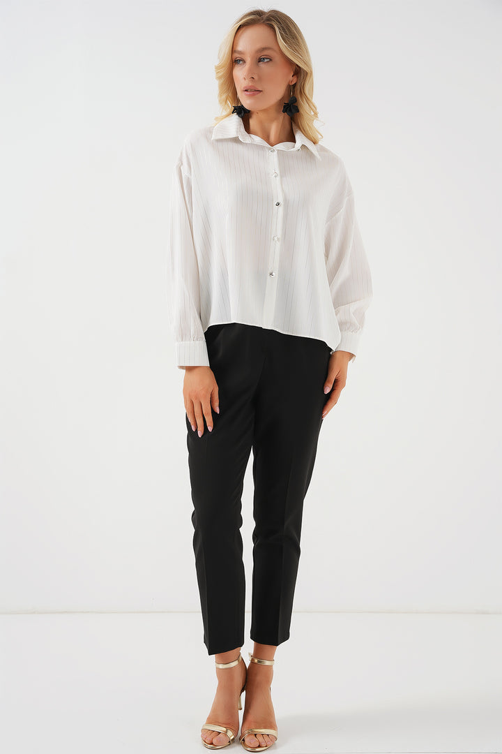 BGD Women Women's Silver Striped Shirt - Off-White - Pen-y-Bont ar Ogwr