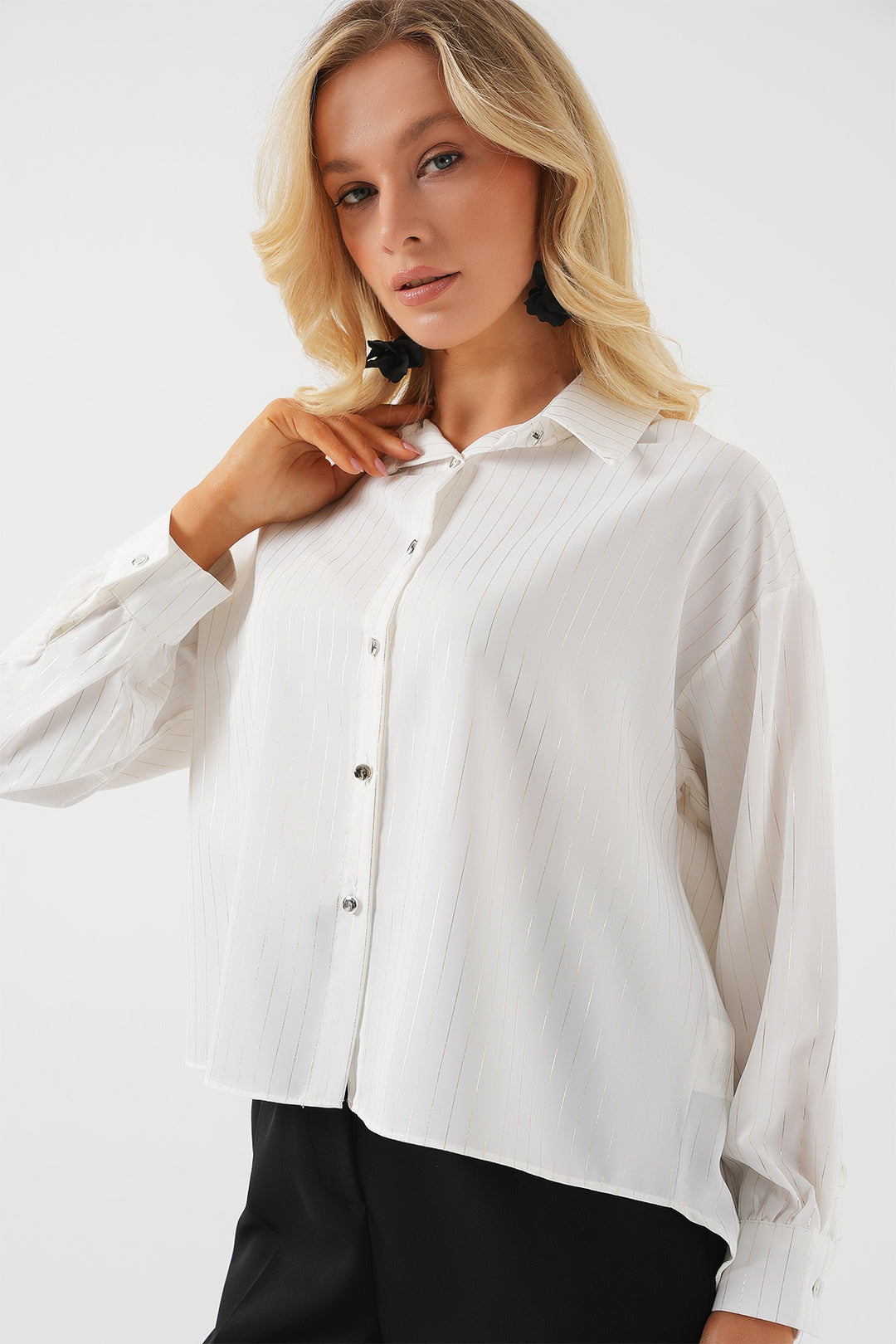 BGD Women Women's Silver Striped Shirt - Off-White - Pen-y-Bont ar Ogwr