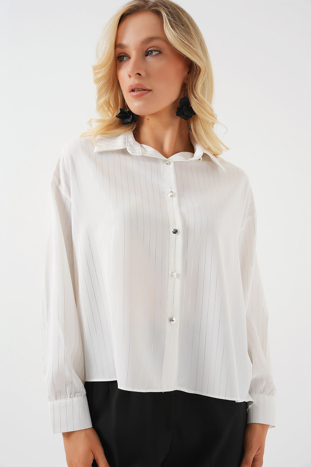 BGD Women Women's Silver Striped Shirt - Off-White - Pen-y-Bont ar Ogwr