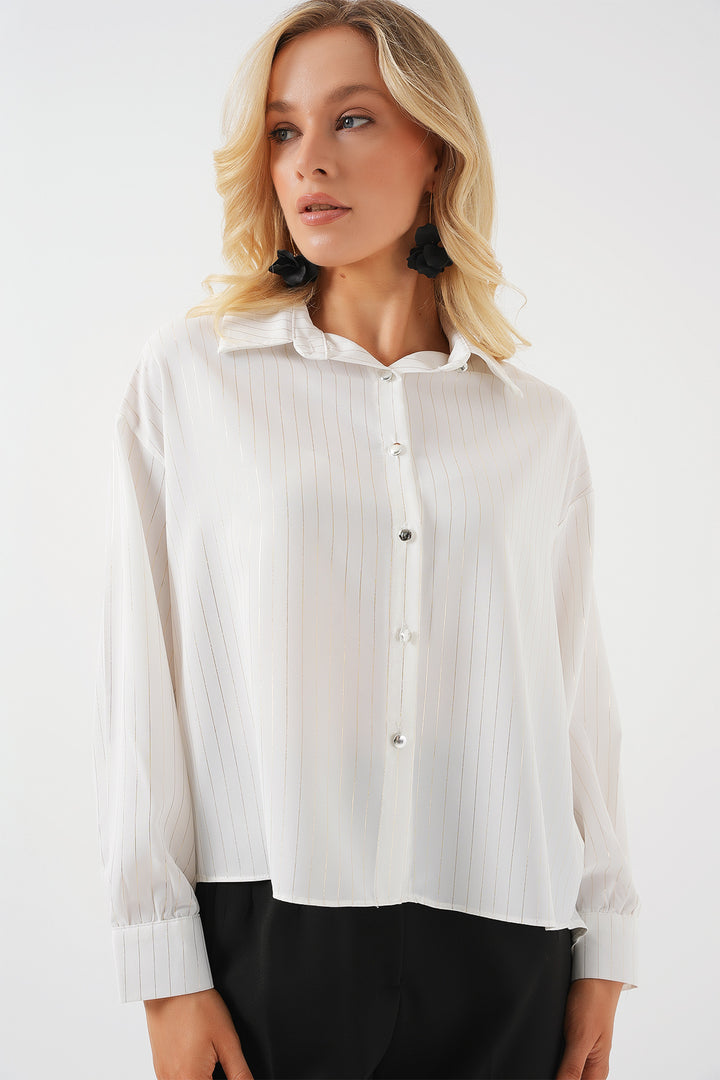 BGD Women Women's Silver Striped Shirt - Off-White - Pen-y-Bont ar Ogwr