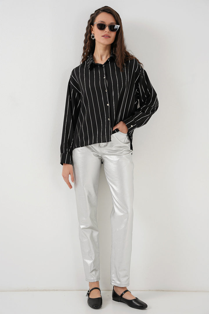 BGD Women Women's Silver Striped Shirt - Black - Forest