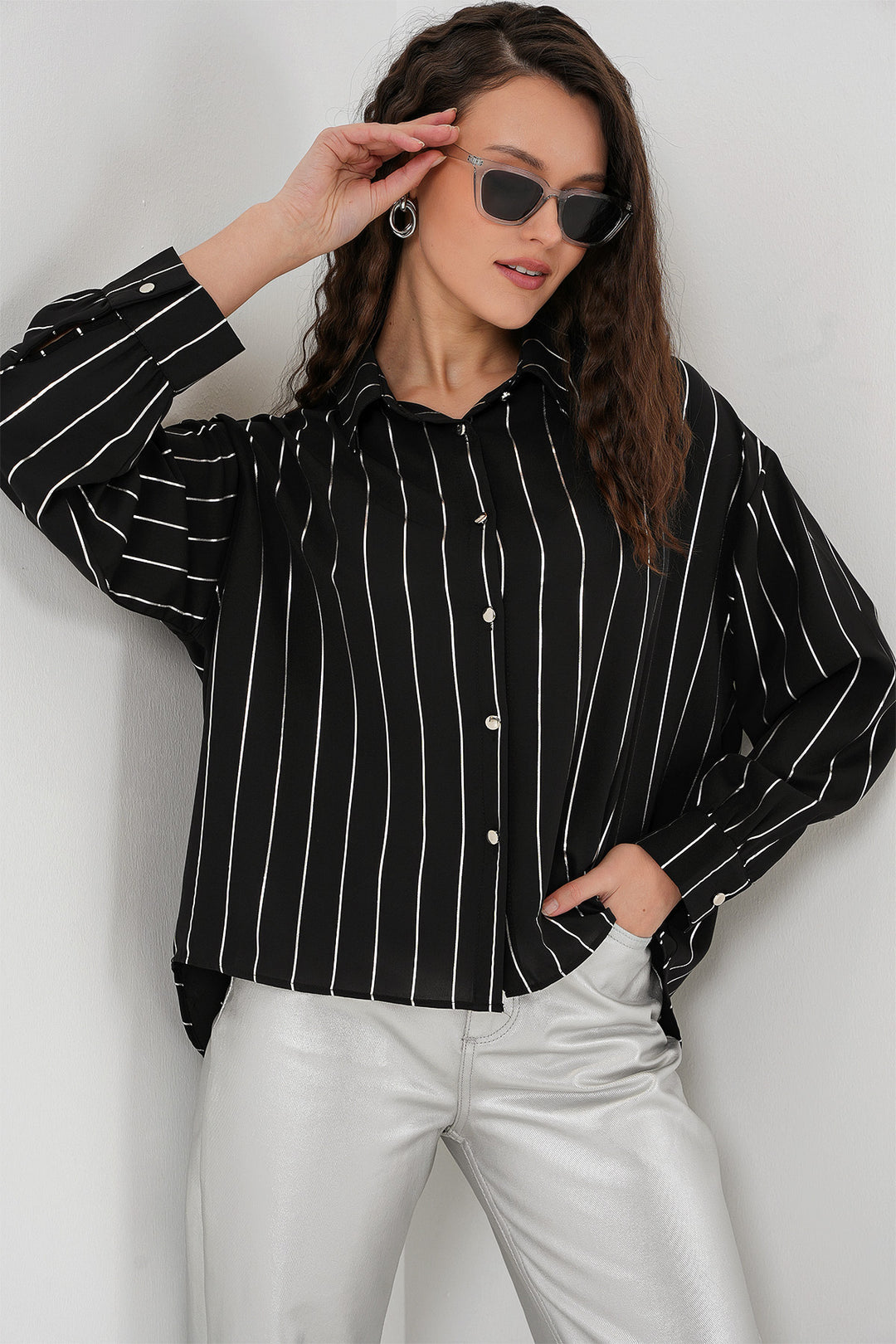 BGD Women Women's Silver Striped Shirt - Black - Forest