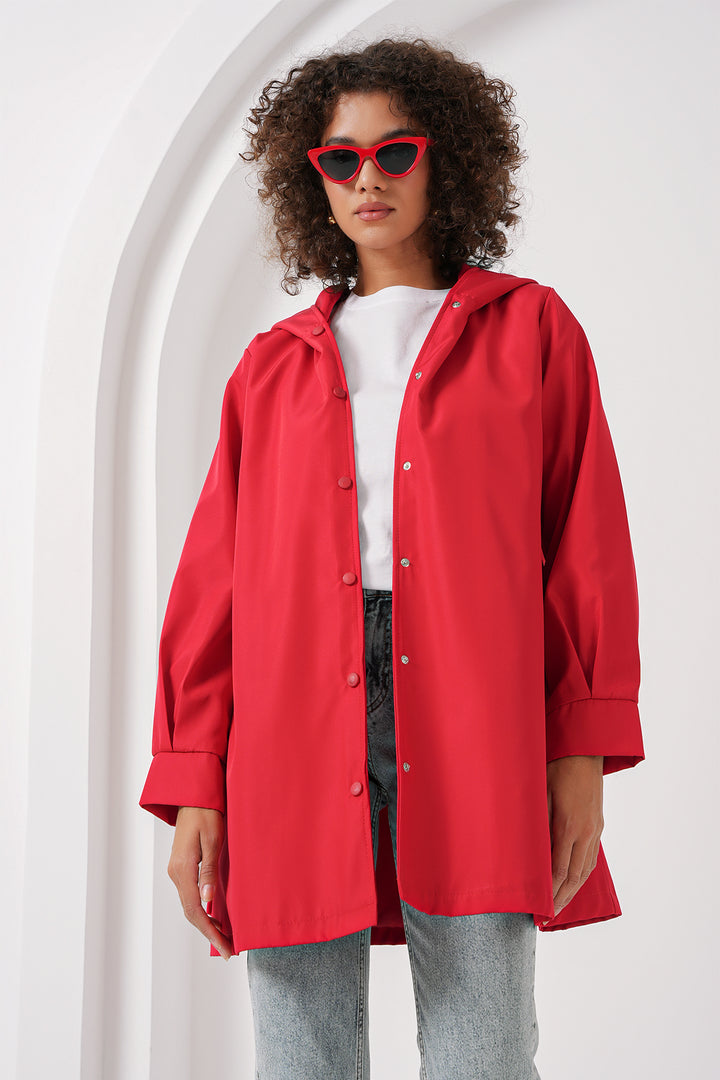 BGD Women Hooded Trench Coat - Red - Cleveland