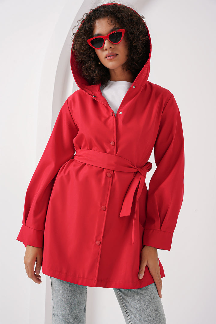 BGD Women Hooded Trench Coat - Red - Cleveland