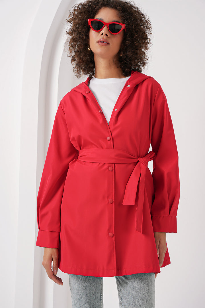BGD Women Hooded Trench Coat - Red - Cleveland