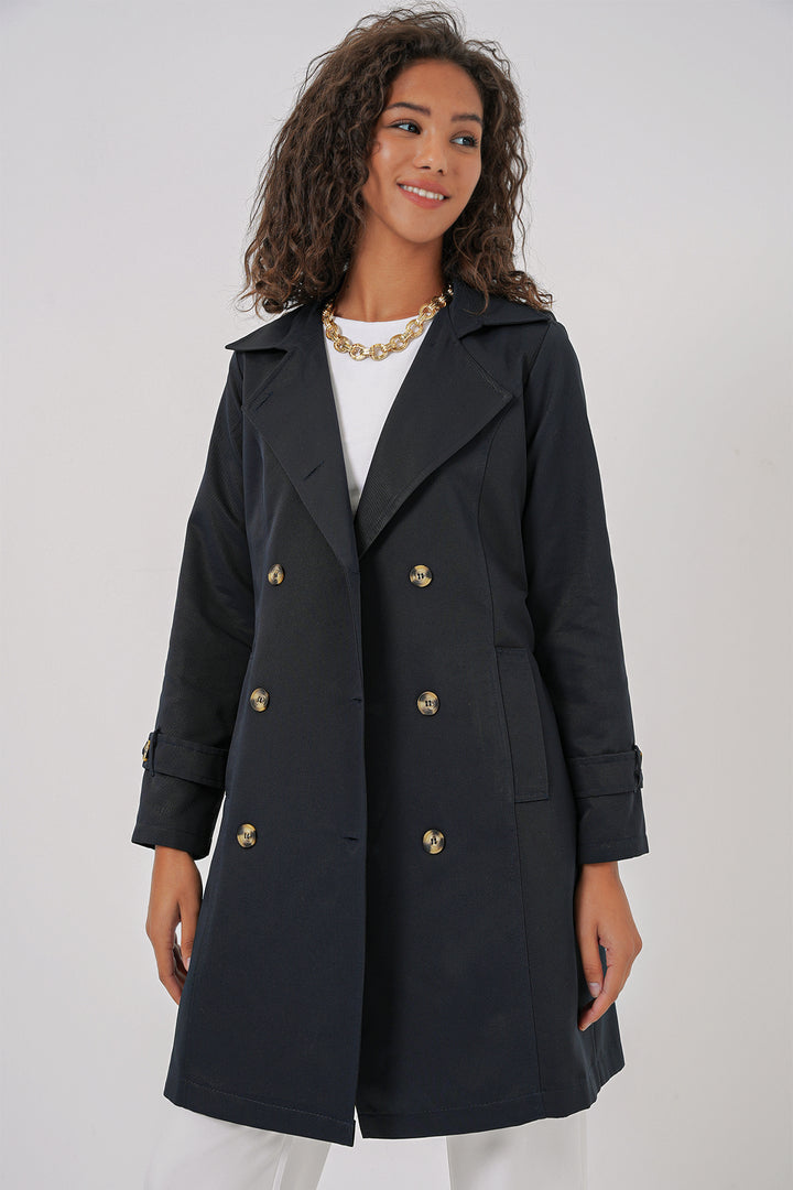 BGD Women Double-Breasted Trench Coat - Navy - Yecla