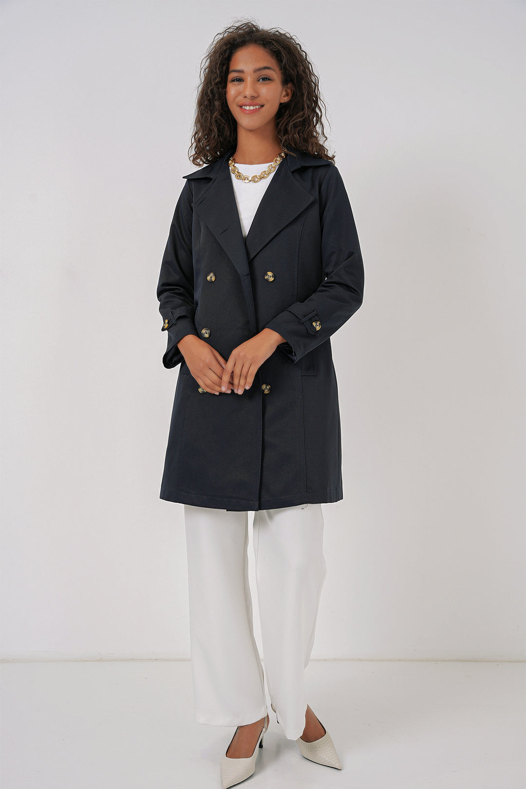 BGD Women Double-Breasted Trench Coat - Navy - Yecla