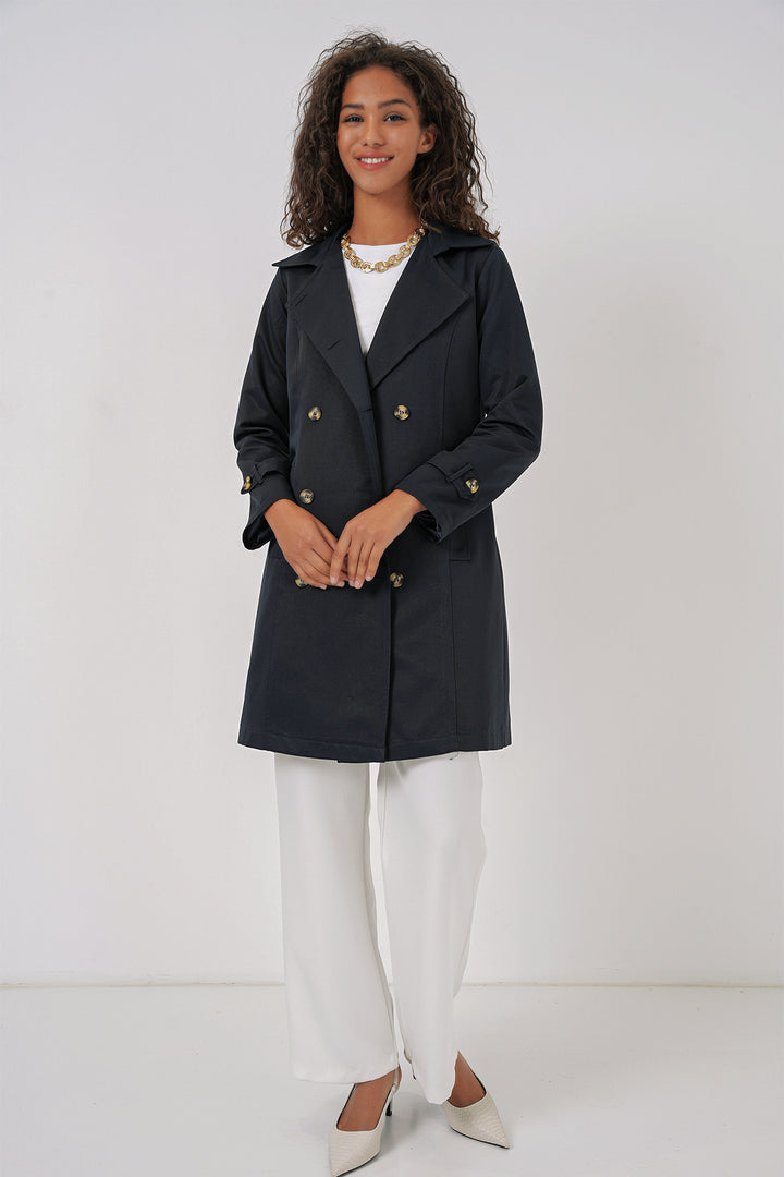 BGD Women Double-Breasted Trench Coat - Navy - Yecla