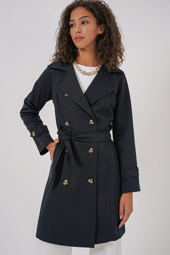 BGD Women Double-Breasted Trench Coat - Navy - Yecla