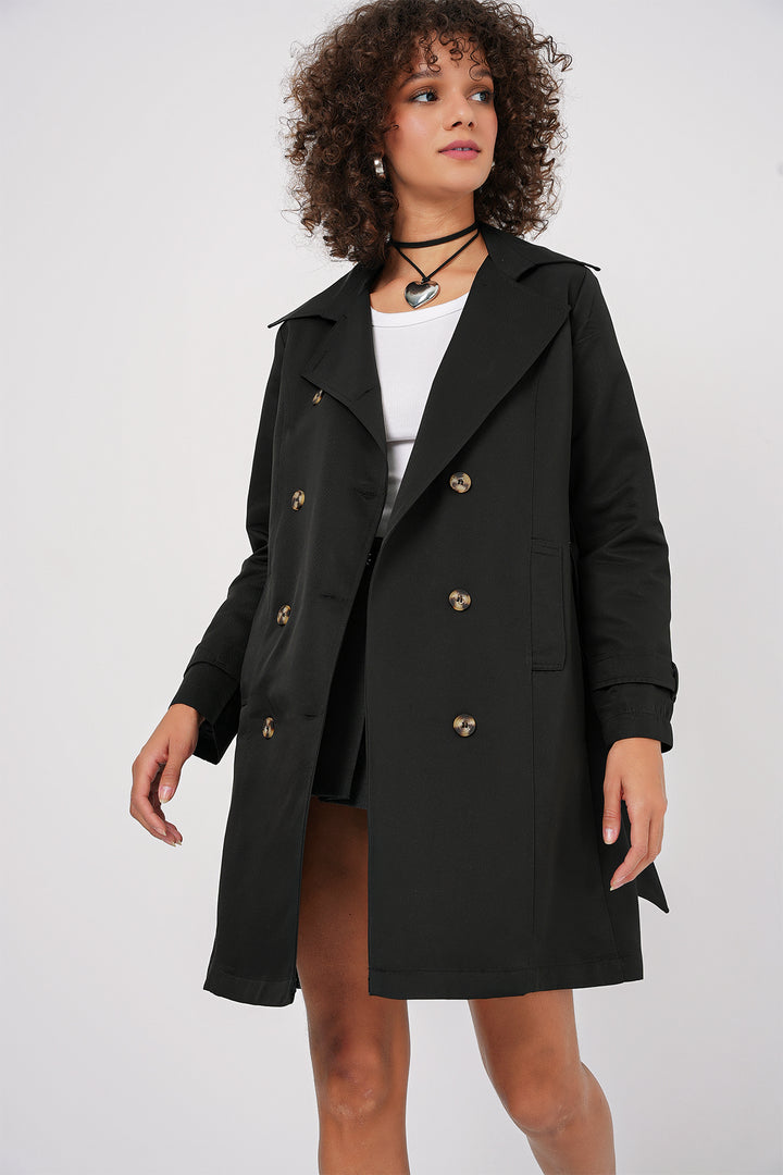 BGD Women Double-Breasted Trench Coat - Black - Heroica Ciudad de Tlaxiaco
