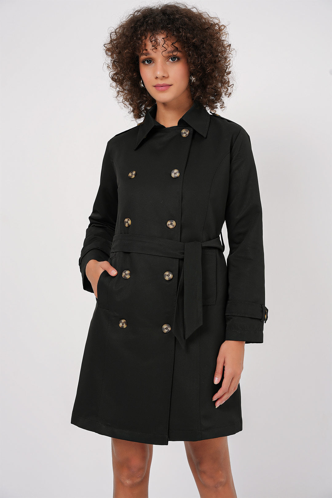 BGD Women Double-Breasted Trench Coat - Black - Heroica Ciudad de Tlaxiaco