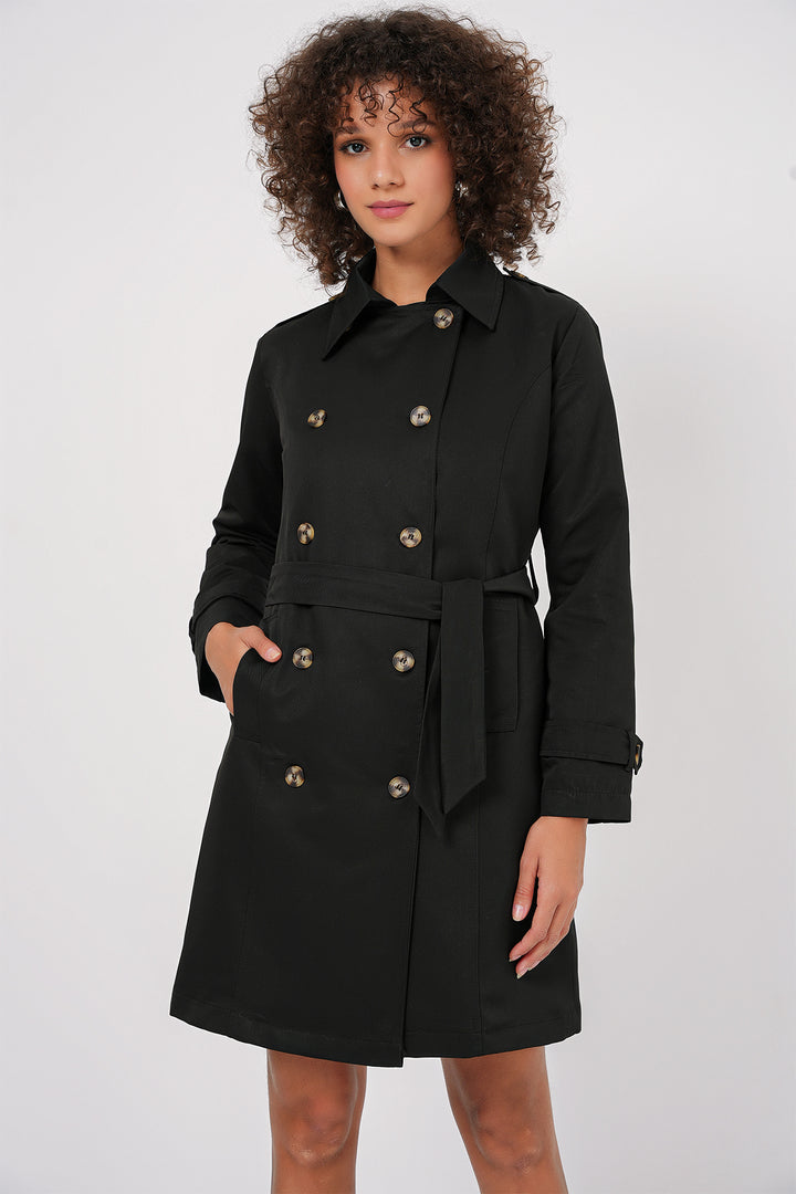 BGD Women Double-Breasted Trench Coat - Black - Heroica Ciudad de Tlaxiaco