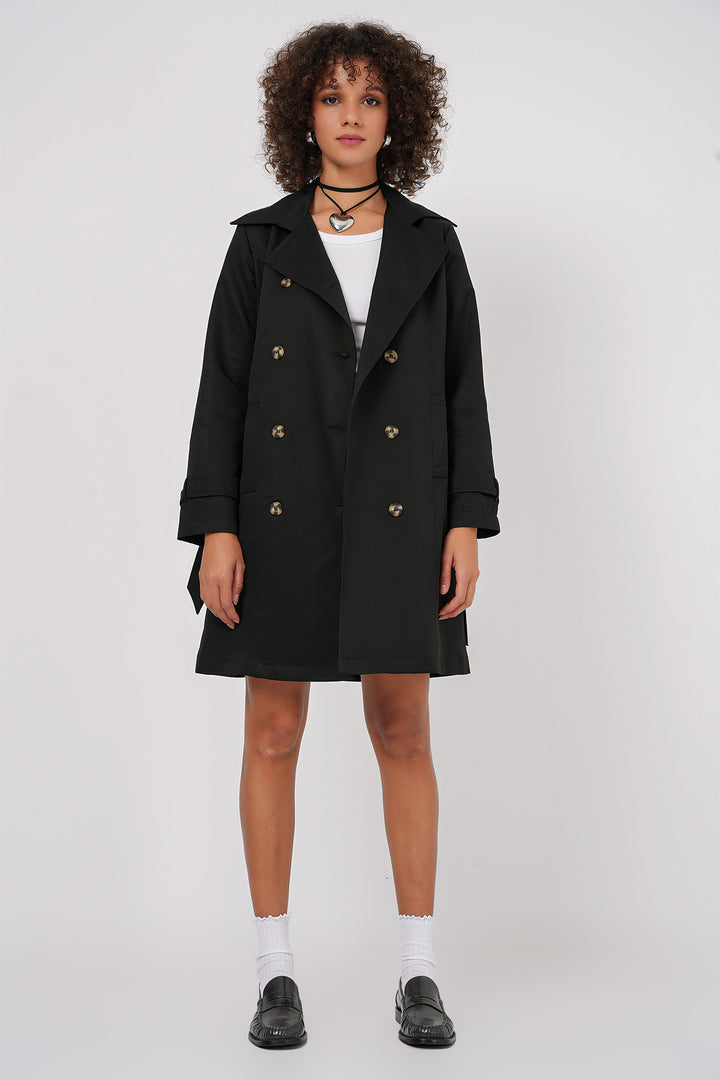 BGD Women Double-Breasted Trench Coat - Black - Heroica Ciudad de Tlaxiaco