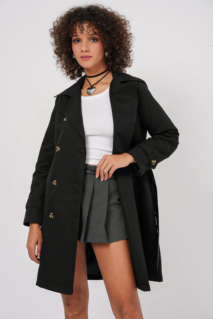 BGD Women Double-Breasted Trench Coat - Black - Heroica Ciudad de Tlaxiaco