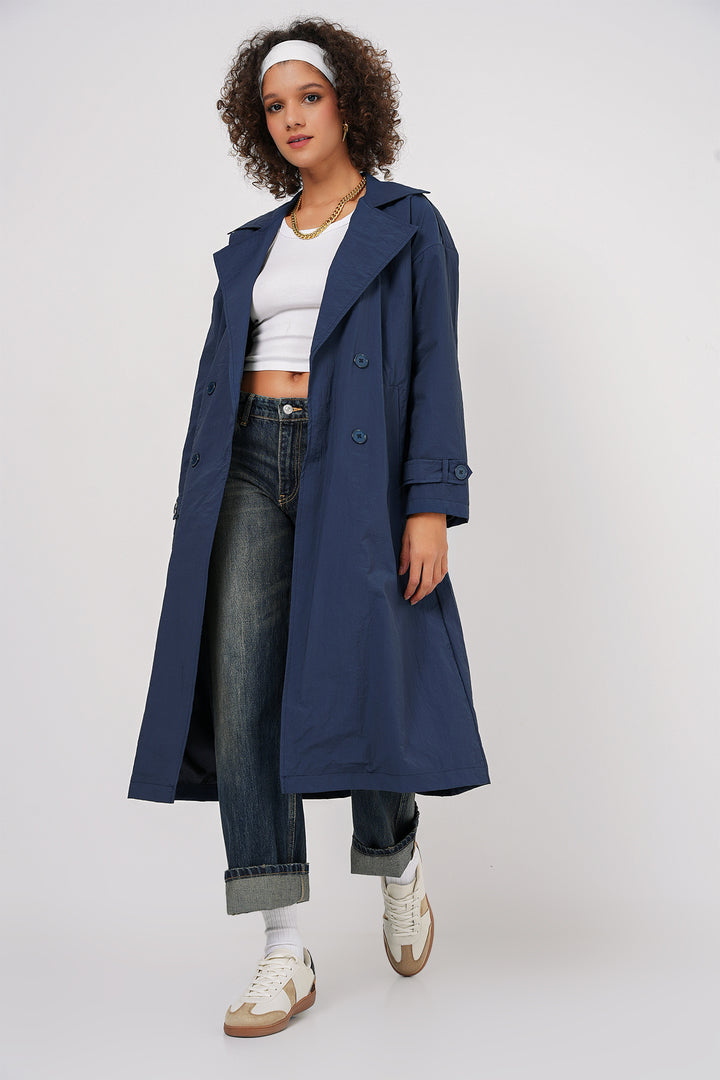 BGD Women Double-Breasted Trench Coat - Navy Blue - Northwich