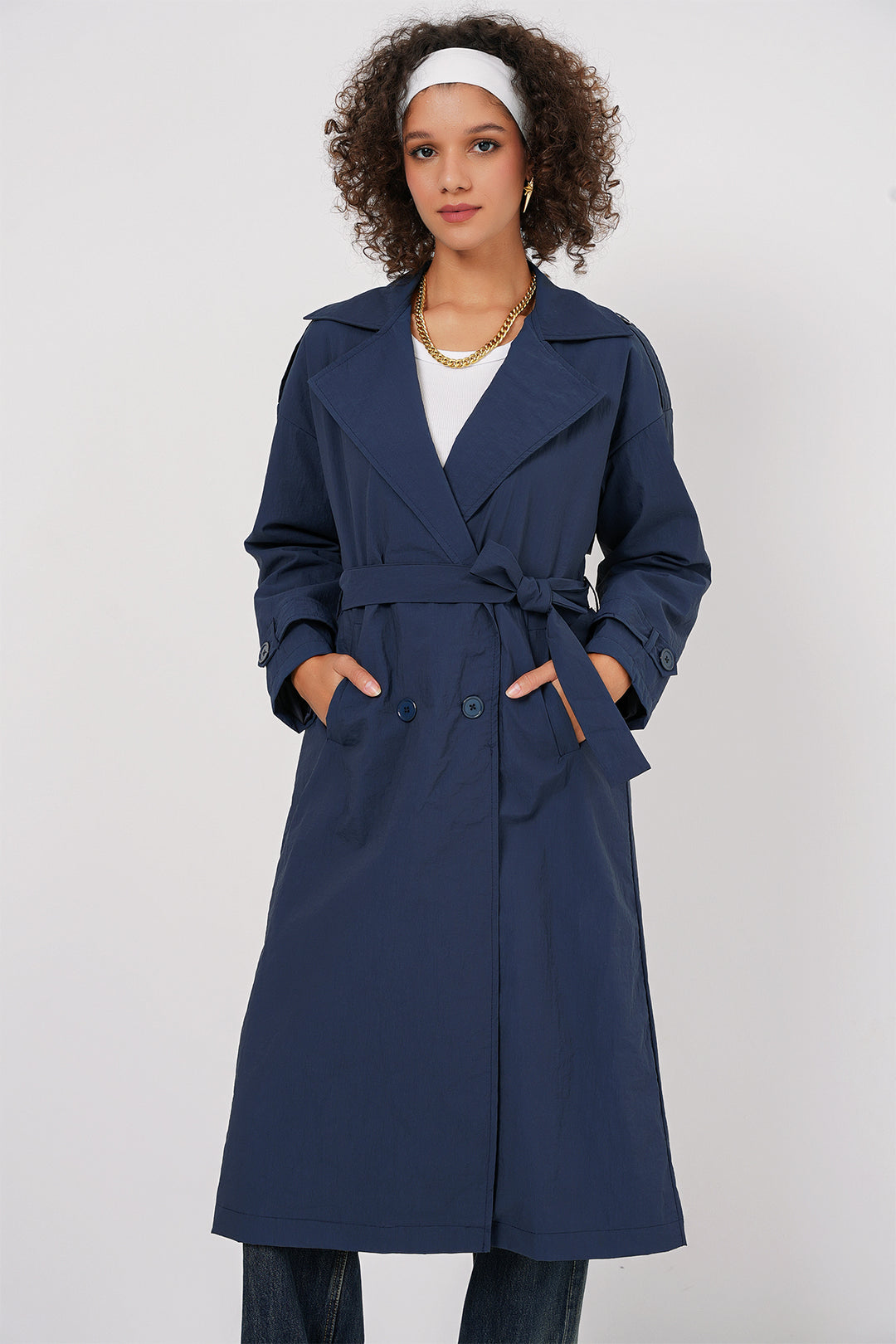 BGD Women Double-Breasted Trench Coat - Navy Blue - Northwich