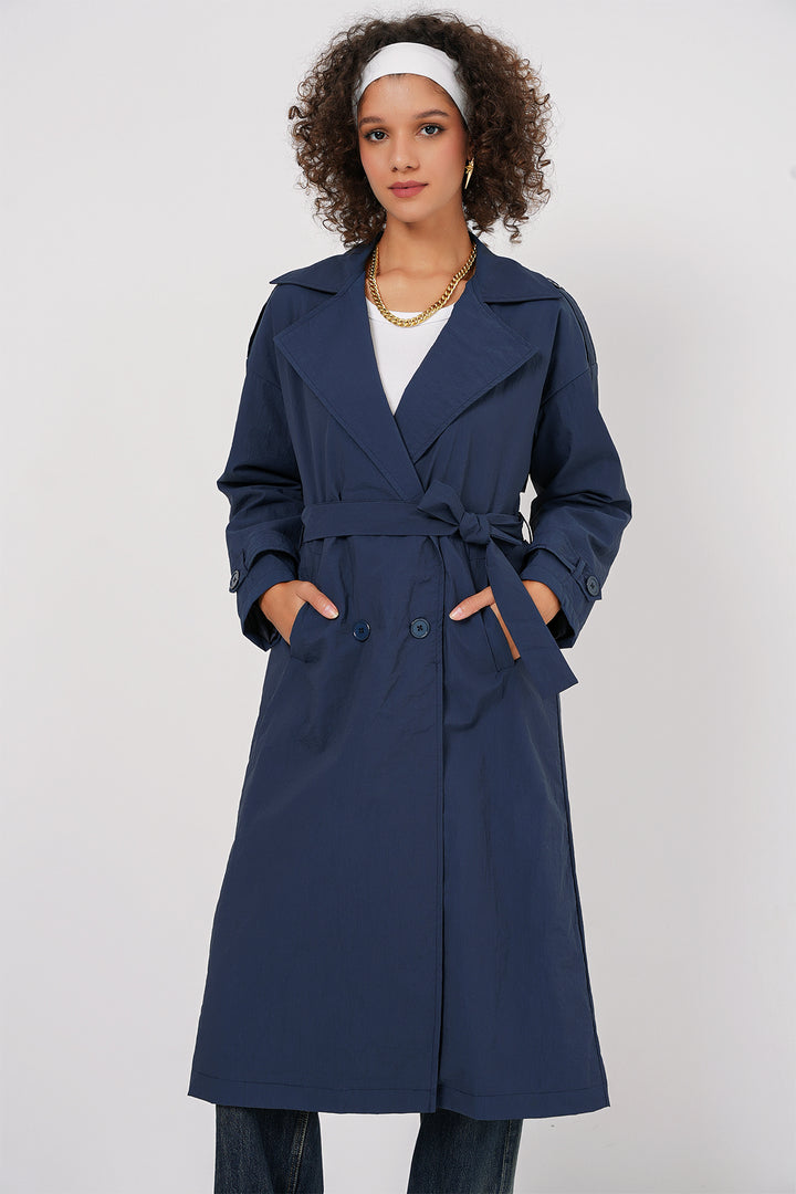 BGD Women Double-Breasted Trench Coat - Navy Blue - Northwich