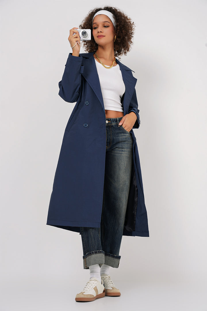 BGD Women Double-Breasted Trench Coat - Navy Blue - Northwich