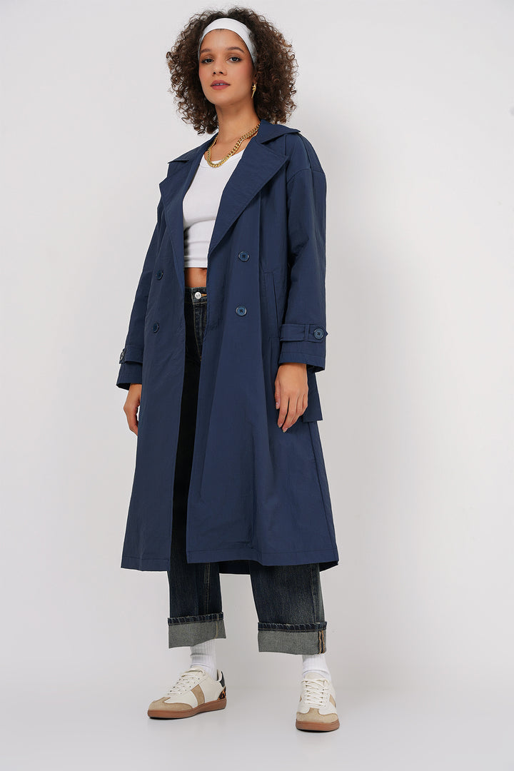 BGD Women Double-Breasted Trench Coat - Navy Blue - Northwich