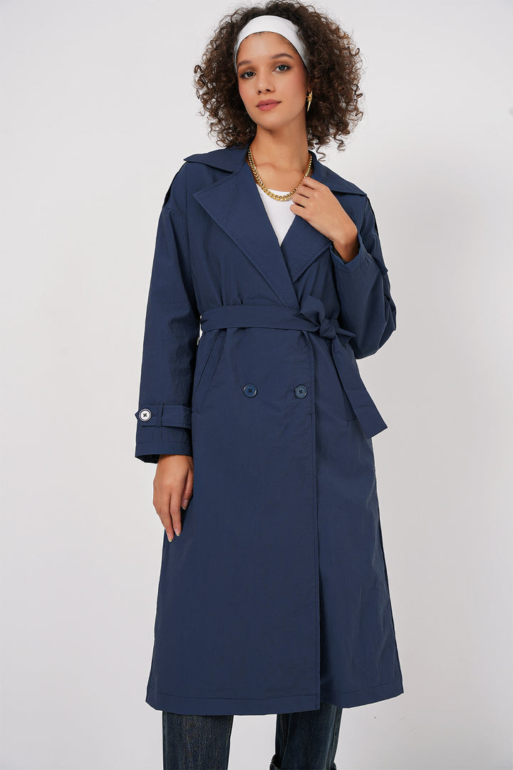 BGD Women Double-Breasted Trench Coat - Navy Blue - Northwich